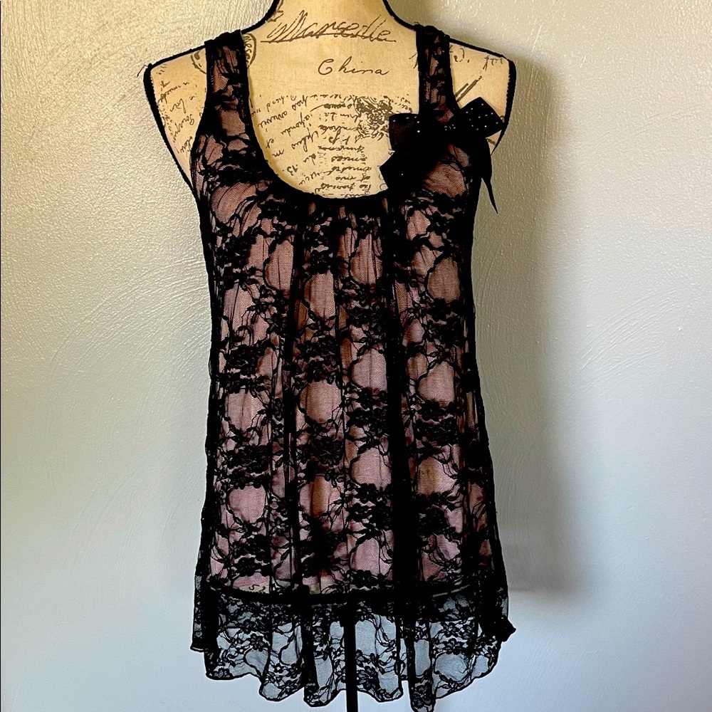 Julie's Closet Black Lace Sheer Tank Tunic Top Size L